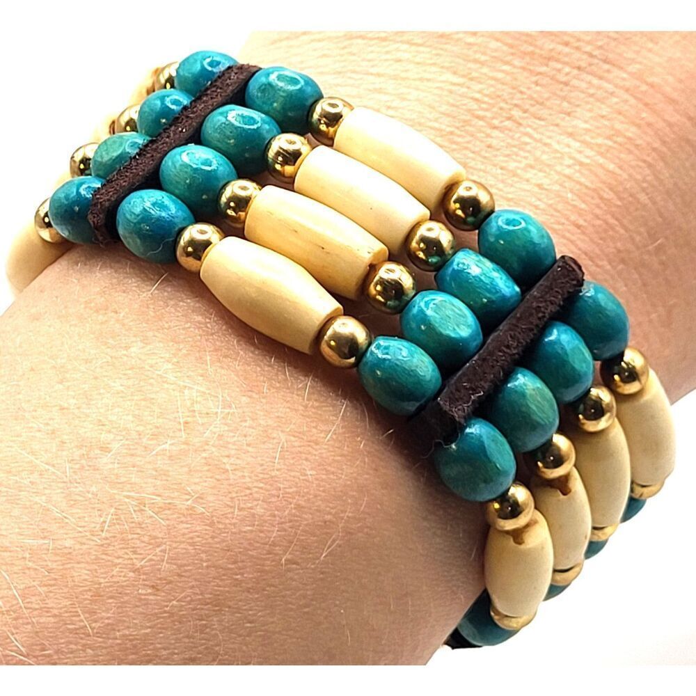 Native American Carved Horn Bovine Brass Wood Leather Bracelet 10in
